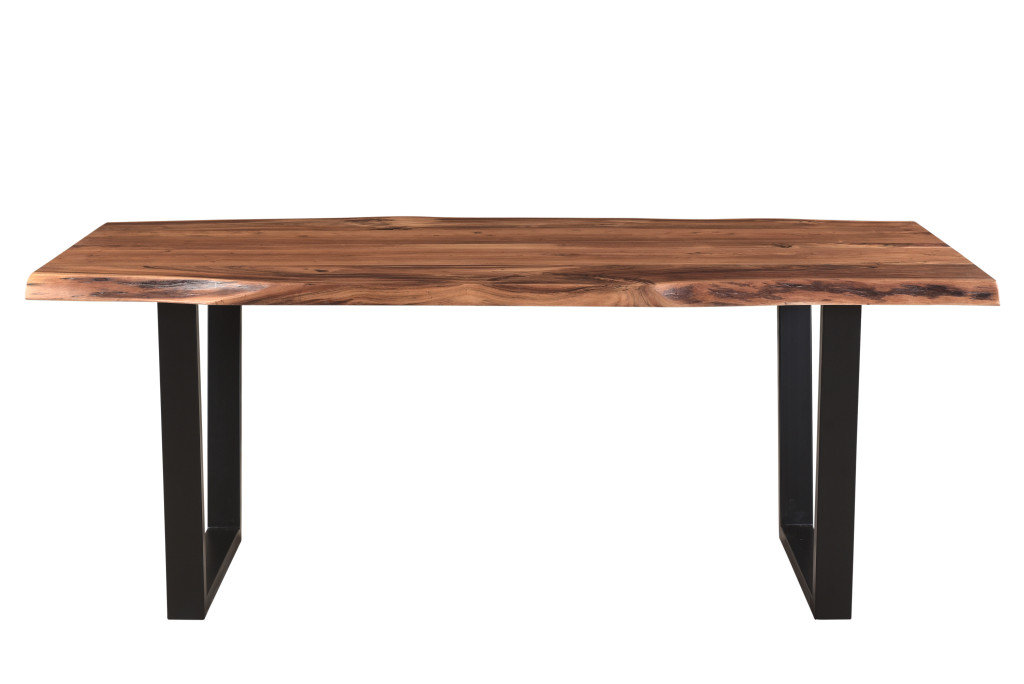 Ebern Designs 78" Brown And Black Solid Wood And Metal Dining Table